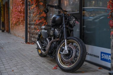 Tiflis, Gürcistan 11.20.2025 Harley-Davidson Sportster motosikleti kaldırıma park edilmiş, kişiselleştirilmiş modifikasyonlar ve kentsel davranışlı klasik Amerikan kruvazör tasarımı sergiliyor..