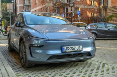 Tiflis, Gürcistan 11,20,2025 Bir Tesla Model Y elektrikli aracı Tiflis, Gürcistan 'da bir caddede park halinde. Modern elektrikli otomobil, bölgede sürdürülebilir taşımacılığın giderek büyüyen benimsenmesini temsil ediyor.