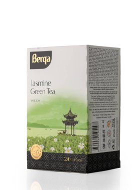 Tbilisi, Georgia 11,28,2025. Pack of Berqa green tea with delicate jasmine aroma, isolated on clean white background. Perfect for product presentation in catalogs and online stores.