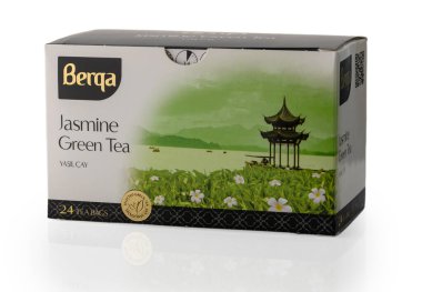 Tbilisi, Georgia 11,28,2025. Package of Berqa jasmine green tea isolated on white background. Fragrant tea with floral notes for daily tea drinking.