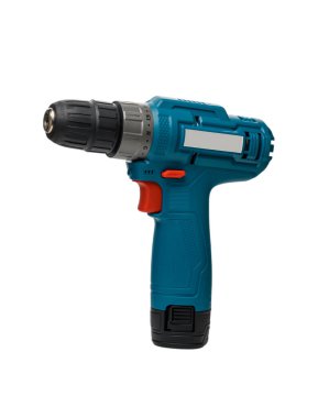 Aksesuarsız modern kablosuz matkap, saf beyaz arka planda izole edilmiş. DIY, donanım veya ev geliştirme ürün konsepti için araç fotoğrafçılığı.