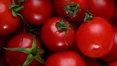 Koyu yüzeyde vişneli domatesler dönüyor. Yukarıdan Aşağıya Kusursuz Döngü, Canlı Kırmızı Gıda Hareketi