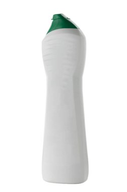 Genellikle ev temizlik ürünlerinde kullanılan standart beyaz plastik şişe. Profesyonel olarak temiz beyaz arka planda izole edilmiş..
