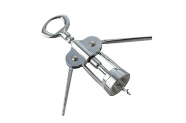 Kaliteli profesyonel şarap tirbuşonu temiz beyaz bir arka planda mükemmel bir şekilde izole edilmiş. Bu temel barmenlik aracı etkili bir şarap şişesi açmak için çift menteşeli kol mekanizması, spiral solucan ve entegre folyo kesici içerir.