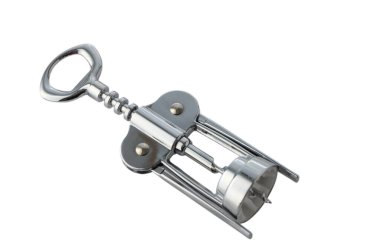 Beyaz arka planda izole edilmiş klasik bir tirbuşonun (şarap açacağı) profesyonel ürün fotoğrafçılığı. Bu temel araç, şarap şişelerini zahmetsizce açmak için bir spiral solucan, levye ve folyo kesici içerir.