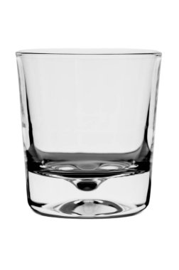 Viski için geleneksel bir taş bardağın zarif stüdyo fotoğrafı (eski moda cam), el değmemiş beyaz arka planda tek başına duruyor. Kısa ve geniş duvarlarda kalın duvarlar ve buzun üzerinde ruhlara hizmet etmek için tasarlanmış ağır bir taban bulunur..