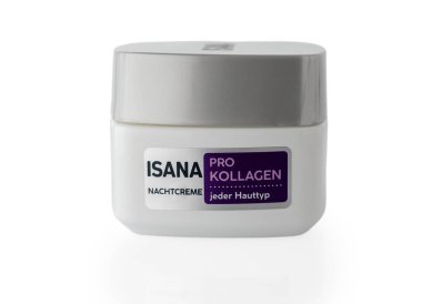 14 Mart 2026 'da, Tiflis, Georgia Lisesi' nde bir kavanoz Isana Pro-Kollagen Performans Nachtcreme 'in temiz beyaz arka planda izole edilmiş bir fotoğrafını çekti. Cilt bakımı katalogları, kozmetik ürün listeleri, güzellik blogları için ideal