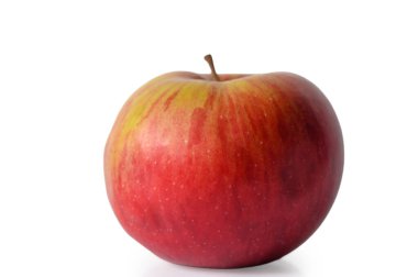 Tek bir kırmızı ve sarı elmanın temiz beyaz arka planda izole edilmiş yüksek çözünürlüklü stüdyo fotoğrafı. Pürüzsüz dokusu ve canlı iki tonlu rengi onu tarif blogları, yemek katalogları, e-ticaret listeleri, ticari stok fotoğrafçılığı için ideal kılıyor.