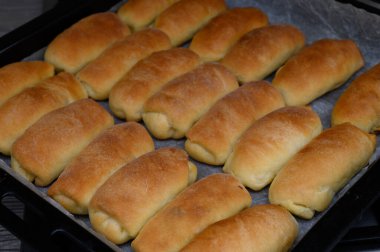 Domuz yağı (salo) ve soğan ile dolu geleneksel Letonya pirozhki 'nin yüksek çözünürlüklü üst görüntü fotoğrafı, bir fırın tepsisinde sıralanmıştır. Düz konum, altın-kahverengi kabukları ve lezzetli dolguyu vurguluyor, bu da tarif blogları için ideal hale getiriyor