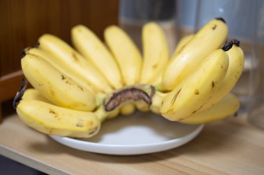 Olgun, sarı küçük muzlar tahta bir yüzey üzerinde beyaz bir tabakta dinlenirler..