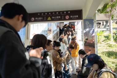 Dışarıdaki koridorda kuyruğa girip merdivene doğru giden bir sürü insan var..