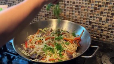 Lezzetli Asya erişteleri. Ağız sulandırıcı bir kase Asya eriştesi. Bu lezzetli tavada pişirilmiş yemek otlar ve kızarmış soğanlarla süslenmiş. Kokulu bir Pan-Asya yemeği. Yüksek kaliteli FullHD görüntüler