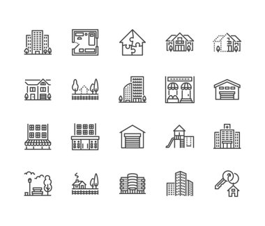 Real estate flat line icons set. House sale, commercial building, country home area, skyscraper, mall, kindergarten vector illustrations. Infrastructure signs. Pixel perfect 64x64. Editable Strokes. clipart