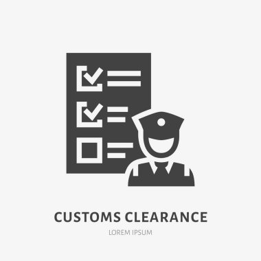 Customs clearance flat glyph icon. Policeman inspecting luggage sign. Solid silhouette logo for cargo trucking, freight services. clipart