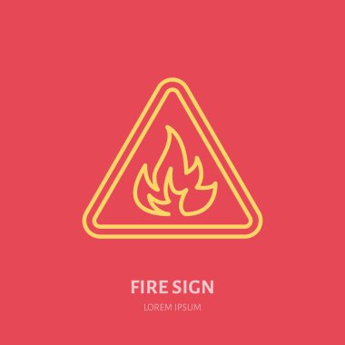 Yangın tehlikesi düz çizgi işareti. Alev koruması ince doğrusal simge, pictogram.