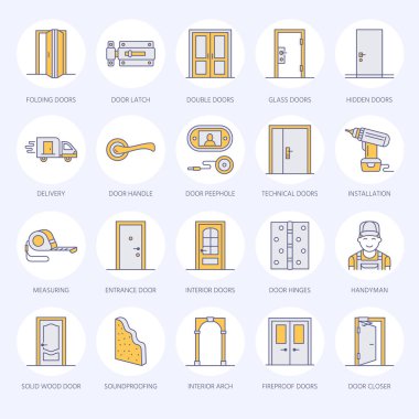 Doors installation, repair line icons. Various door types, handle, latch, lock, hinges. Interior design thin linear signs for house decor shop, handyman service. clipart