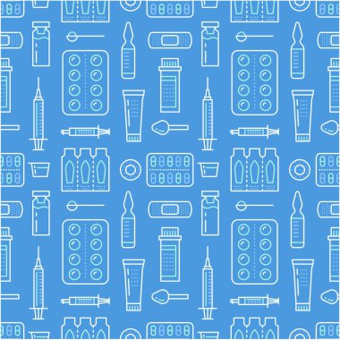 Medical, drugstore seamless pattern, medicament vector background blue color. Medicines antibiotics, vitamins, painkiller, pills. Healthcare cute repeated illustration for hospital, clinic. clipart