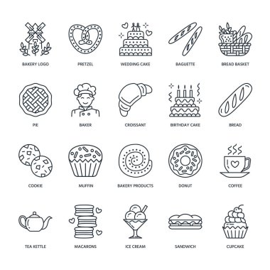 Pastane, şekerleme hattı ikonları. Tatlı dükkanı ürünleri - pasta, kruvasan, kek, pasta, kek, pasta ince doğrusal işaretler