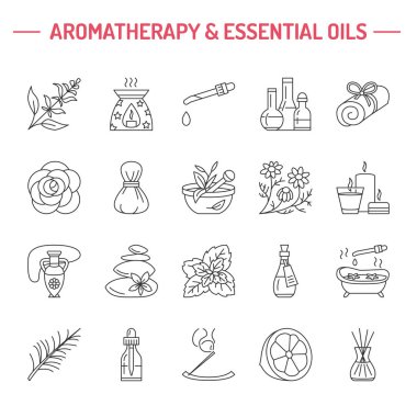Modern vector line icons of aromatherapy and essential oils. Elements - aromatherapy diffuser, oil burner, spa candles, incense sticks. Linear pictogram with editable strokes for salon. clipart