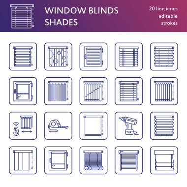 Window blinds, shades line icons. Various room darkening decoration, roller shutters, roman curtains, horizontal and vertical jalousie. Interior design thin linear signs for house decor shop. clipart