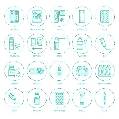 Medicines, dosage forms line icons. Pharmacy medicaments, tablet, capsules, pills, antibiotics, vitamins, painkillers aerosol spray. Medical threatment health care thin linear signs for drug store. clipart