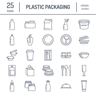 Plastik ambalaj, tek kullanımlık sofra takımı simgeleri. Ürün kutusu, şişe, paket, teneke kutu, tabak ve çatal bıçak takımı. Dükkan veya sentetik malzeme üretimi için ince doğrusal işaretler paketler.
