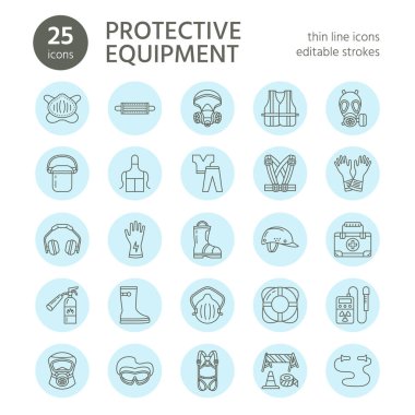 Kişisel koruyucu ekipman hattı simgeleri. Gaz maskesi, halka şamandırası, solunum cihazı, şiş kapağı, kulak tıkaçları ve güvenlik giysisi. Sağlığın korunması ince doğrusal işaretler.