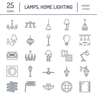 Light fixture, lamps flat line icons. Home and outdoor lighting equipment - chandelier, wall sconce, desk lamp, light bulb, power socket. Vector illustration, signs for electric, interior store. clipart