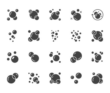 Bubbles düz sembol seti. Sabun köpüğü, köpüklü içecek, oksijen kabarcığı piktogramı, coşkulu etki vektör çizimleri, işaretler. Katı silüet piksel mükemmel 64x64.