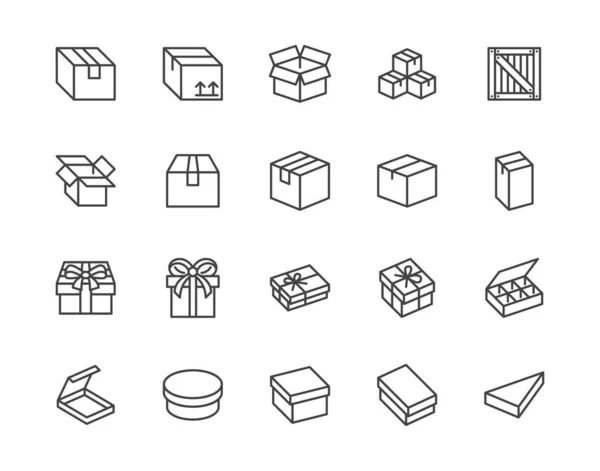 Box Platt Linje Ikon Set Kartong Trälådor Produktförpackning Vektorillustrationer Enkla — Stock vektor