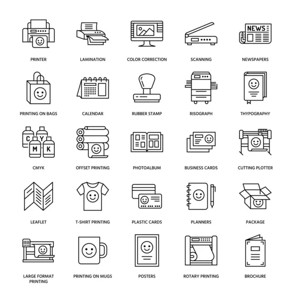 Iconos Línea Plana Imprenta Equipo Impresión Impresora Escáner Máquina Offset — Vector de stock