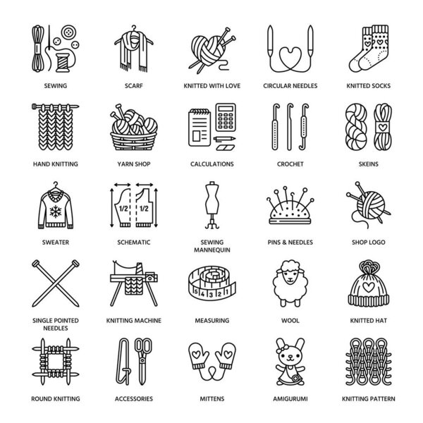Knit, crochet, hand made line icons set. Knitting needle, hook, scarf, socks, pattern, wool skeins and other DIY equipment. Linear signs set, logos with editable stroke for yarn or tailor store.