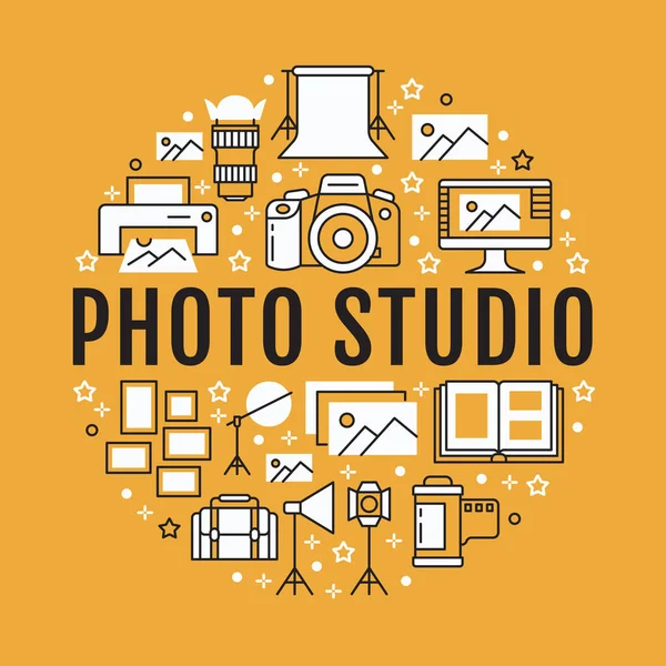 Photography Equipment Poster Flat Line Icons Digital Camera Photos Lighting — Stock Vector