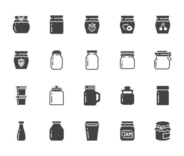 Bottle of jam flat glyph icons. Glass packaging for fruit confiture, raspberry strawberry jelly container vector illustrations. Signs for sweet food store. Solid silhouette pixel perfect 64x64.