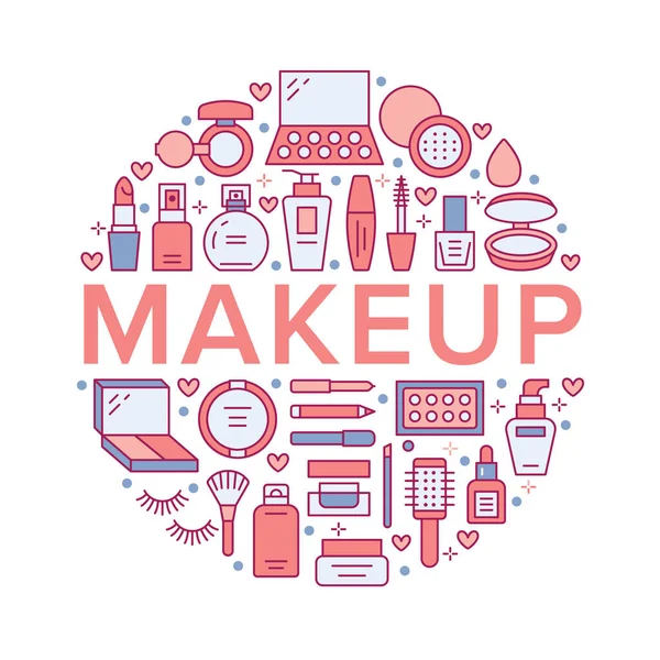 Makeup Beauty Care Red Circle Poster Concept Line Icons Cosmetics — Stock Vector