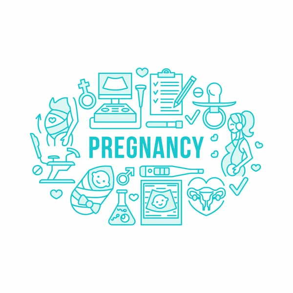 Medical Gynecology Banner Illustration Obstetrics Pregnancy Vector Line Icons Research — Stock Vector