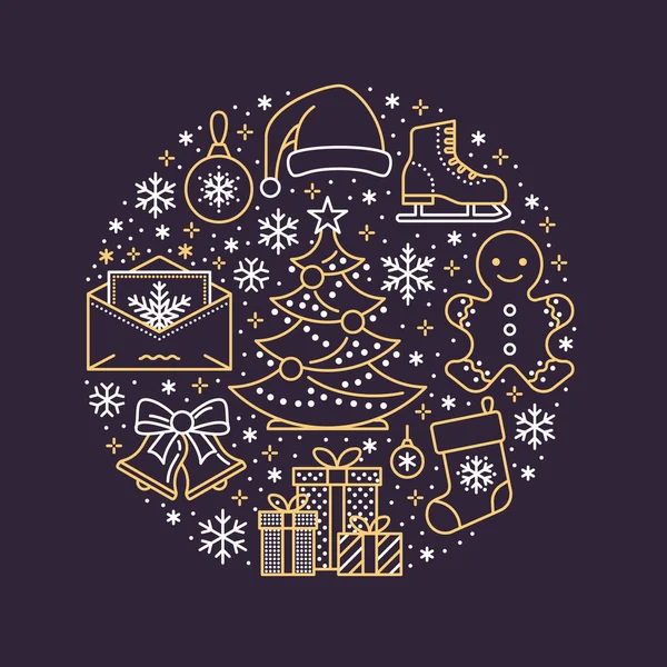 Vánoce Novoroční Plakát Vektorová Linie Ikony Zimních Prázdnin Vánoční Stromeček — Stockový vektor