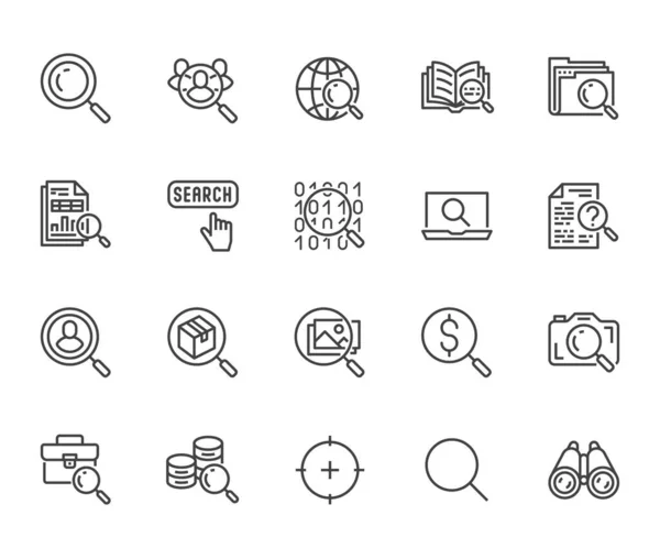 Búsqueda Datos Conjunto Iconos Línea Plana Lupa Encontrar Personas Zoom — Vector de stock