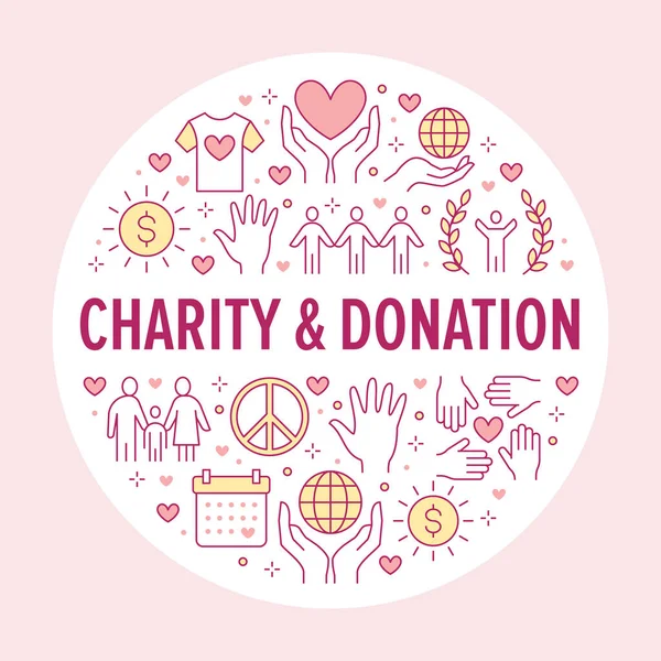 Charity Vector Cirkel Banner Met Platte Lijn Pictogrammen Donatie Non — Stockvector