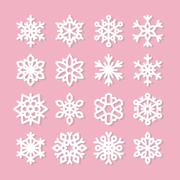 Roztomilé Sněhové Vločky Kolekce Izolované Růžovém Pozadí Ploché Sněhové Ikony — Stockový vektor