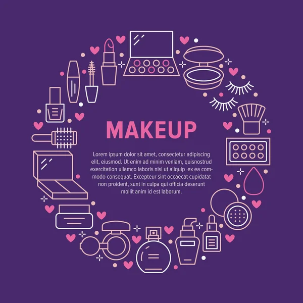 Makeup Beauty Care Circle Poster Flat Line Icons Cosmetics Illustrations — Stock Vector