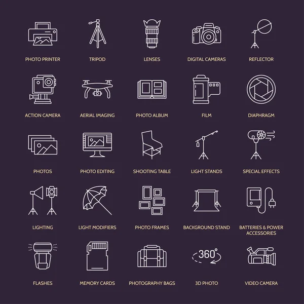 Fotografische Apparatuur Platte Lijn Pictogrammen Digitale Camera Foto Verlichting Videocamera — Stockvector