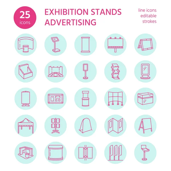 Advertising Exhibition Banner Stands Display Line Icons Brochure Holders Pop — Stock Vector