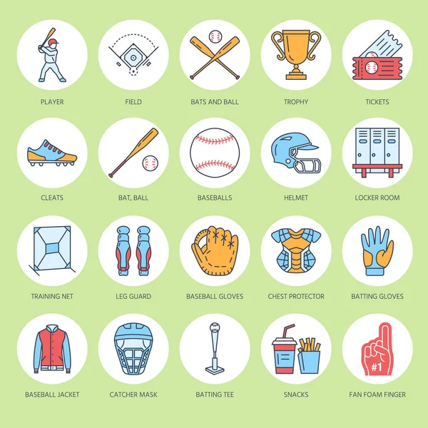 Baseball, softball sport game vector line icons. Ball, bat, field, helmet, pitching machine, catcher mask. Linear signs set, championship pictograms for event equipment store