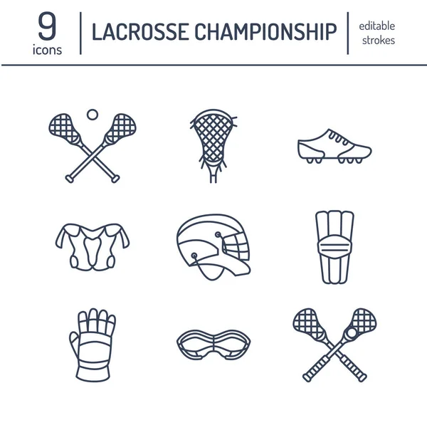 Lacrosse Sport Spel Vector Lijn Pictogrammen Bal Stok Helm Handschoenen — Stockvector