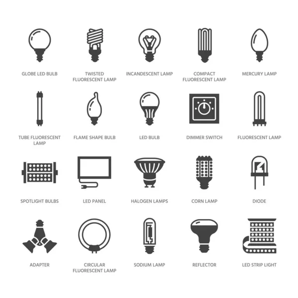 Bombillas Planas Iconos Glifo Tipos Lámparas Led Fluorescentes Filamentos Halógenos — Archivo Imágenes Vectoriales
