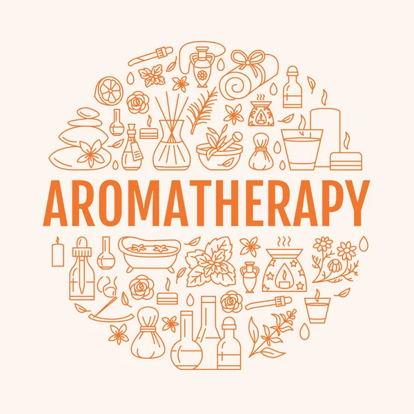Aromaterapia Óleos Essenciais Modelo Círculo Ilustração Linha Vetorial Difusor Queimador — Vetor de Stock