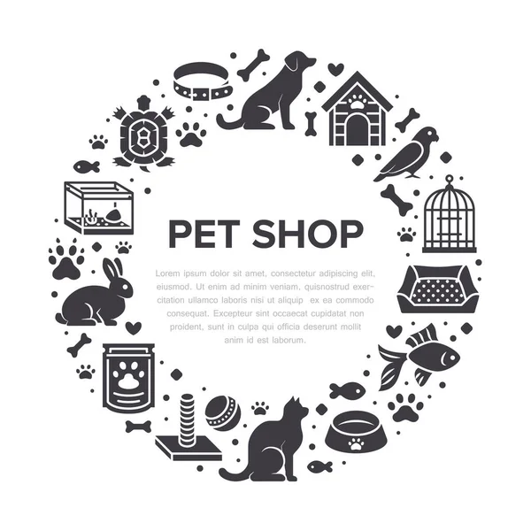 Pet Shop Vektorový Kruh Banner Plochými Siluetami Ikony Psí Bouda — Stockový vektor