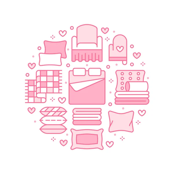 家用纺织品圆形模板与扁平线图标 采购产品床上用品 卧室的亚麻布 毛毯和羽绒插图 室内商店用粉红白色薄薄的标志 — 图库矢量图片