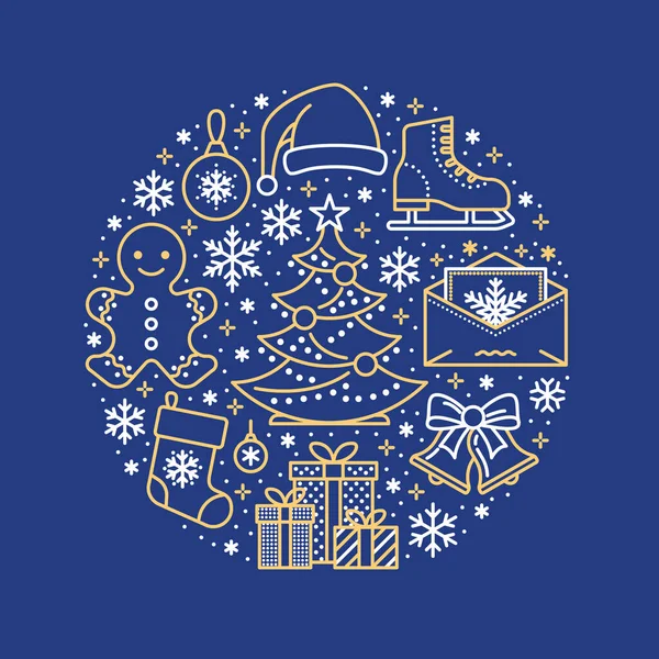 Vánoce Novoroční Plakát Vektorová Linie Ikona Zimních Svátků Vánoční Strom — Stockový vektor